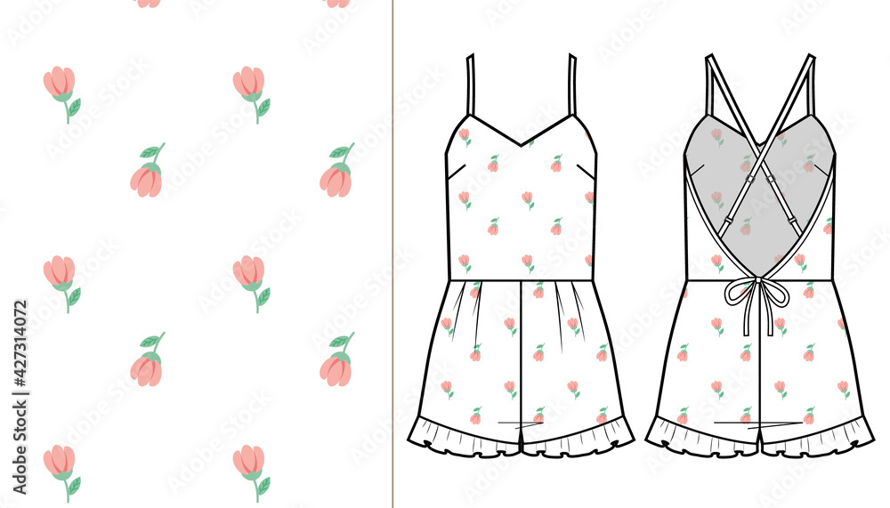 Poster Fashion technical drawing of homewear short jumpsuit for women, flower pattern