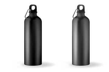 Drink Bottle Vector realistic 3d black, white and silver empty glossy metal water bottle. Design template of packaging mockup for graphics. Front View.