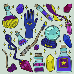 Magic items. Hand drawing illustration. Illustration for Halloween. 