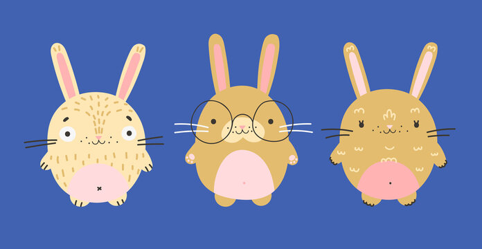 Three cute cartoon bunnies isolated on blue background. Children’s cartoon vector illustration. Easter funny rabbits.