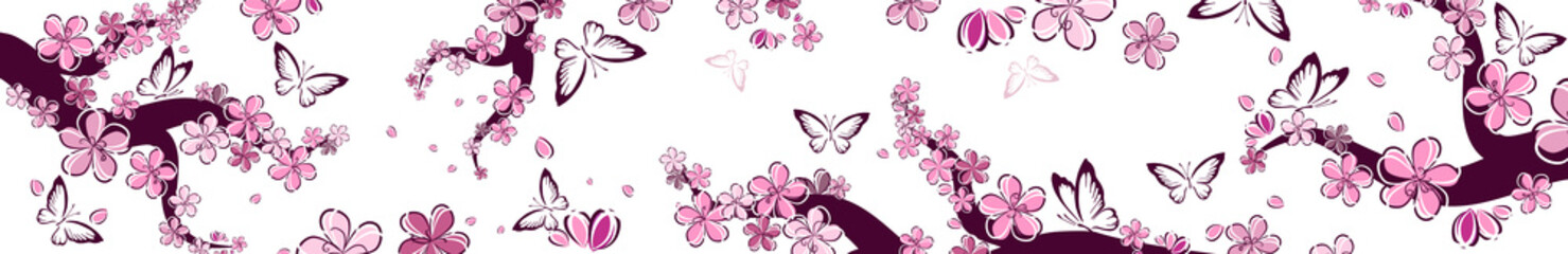 A branch of sakura with falling petals. Horizontal banner. Vector illustration