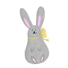 cute grey oval shape grey easter bunny with yellow bow in cartoon style isolated on white background, animals, birds, easter, holidays, for prints, decoration, design, decor, postcards