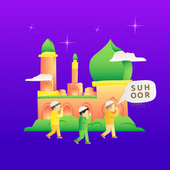 Illustration of children's activities during ramadan to wake people up for suhoor