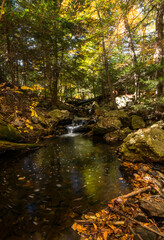 Naklejka na ściany i meble colorful autumn foliage with calming cascading waterfall in Pennsylvania.