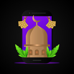 Mosque illustration on mobile phone with ketupat and plants design