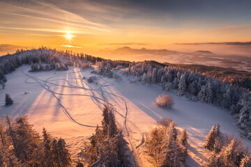 Winter morning in Gorce on the tower on the top of Lubań. A beautiful, romantic atmosphere with a...