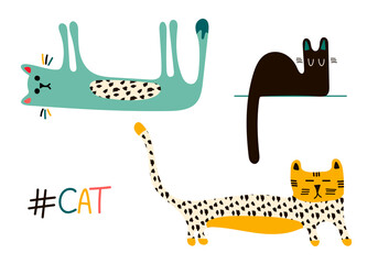 Vector set with three cute colorful cats and the inscription cat in the Scandinavian style, isolated elements on a white background. Children's illustration for posters, books, pajamas, fabrics, toys
