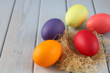 Colorful multi-colored Easter eggs in a decorative nest on a blue wooden table. Copy space