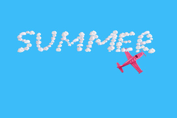 Pink airplane goes into a sharp turn on blue background and word summer of abstract shapes of cloud. Minimal composition. Transportation, travel or vacation concept