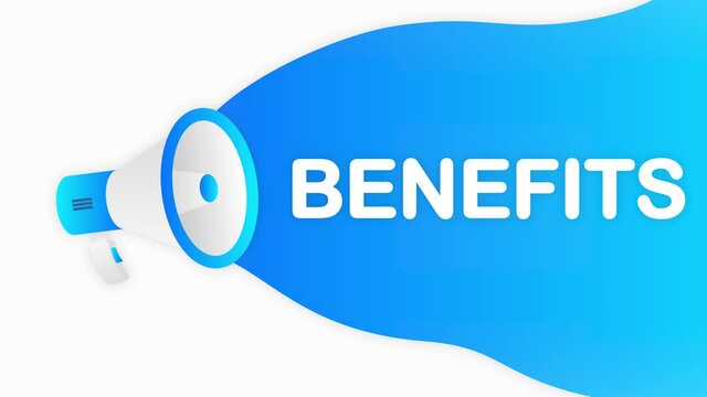 Megaphone BENEFITS countdown template with blue objects on white background. Motion graphic.