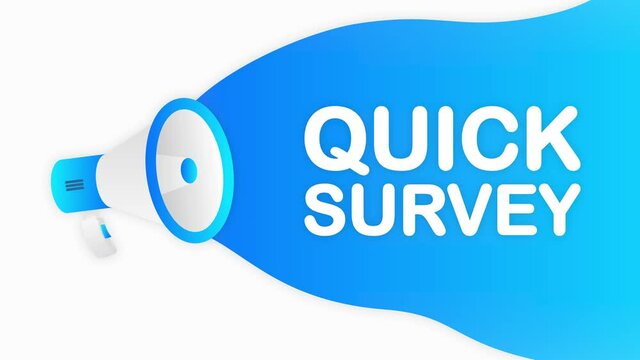 Megaphone QUICK SURVEY countdown template with blue objects on white background. Motion graphic.