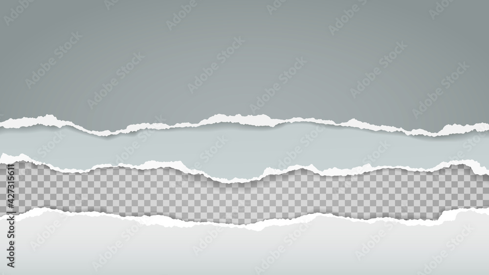 Aufkleber torn, ripped white and grey paper strips with soft shadow are on squared background for text. vector