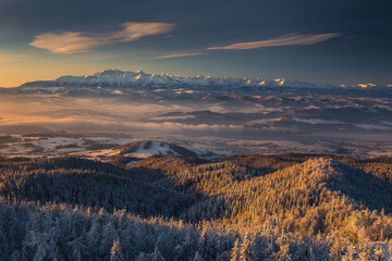 Obraz premium Winter morning in Gorce on the tower on the top of Lubań. A beautiful, romantic atmosphere with a view of the Pieniny Mountains, the Beskids and the Tatra Mountains. 