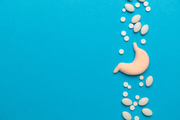 Human stomach model on a blue background. Abdominal disease. Treating stomach inflammation. Copy...