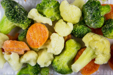 European vegetable mixture quick-frozen consisting of cauliflower, broccoli, green beans and carrots, useful products vitamins.