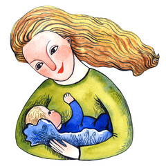 A mother holding a baby - long haired woman in a green dress with a child in blue suit. Isolated element on white background. Watercolor illutration about topic of motherhood.