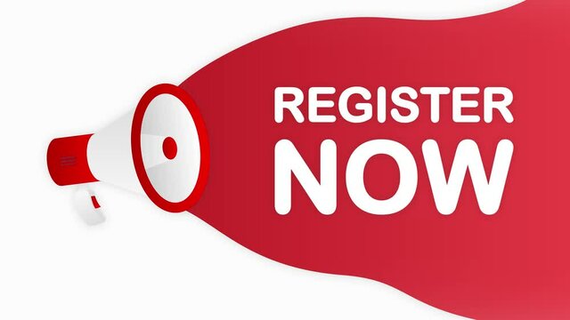 Megaphone REGISTER NOW countdown template with red objects on white background. Motion graphic.
