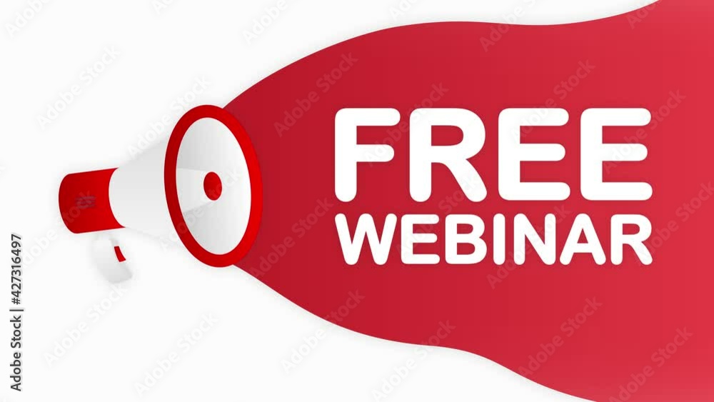 Poster megaphone free webinar countdown template with red objects on white background. motion graphic.