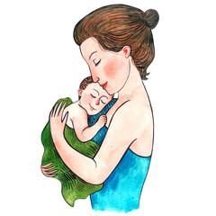 Mother and child - a woman holding a baby in hands. Isolated element on ahite background. Watercolor illustration.