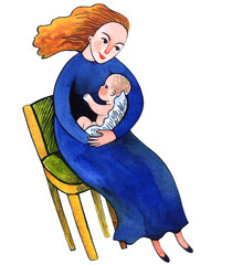 Woman sitting on a chair, holding a baby - motherhood illustration. Mother and child. Isolated element on white background. Watercolor illustration.