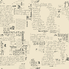 Abstract seamless pattern with fragments of handwritten text Lorem Ipsum and illegible printed text on an old paper backdrop. Creative vector background. Suitable for wallpaper, wrapping paper, fabric