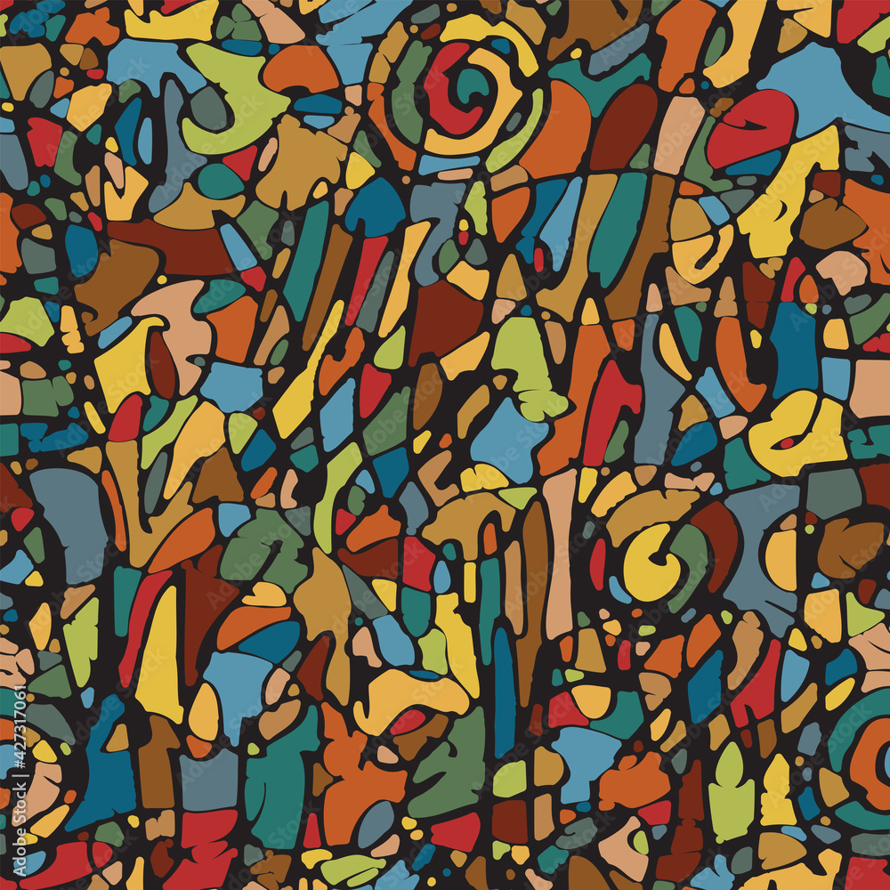 Poster colorful stained glass seamless pattern. abstract vector background with black tangled lines and scr