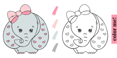 Cute Elephant with bow Vector Illustration. Coloring Book for children. Color and Outline Image of Elephant on isolated background. Cartoon Style Illustration