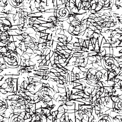 Abstract seamless pattern with fuzzy squiggles and blurred tangled lines in graffiti style. Black and white vector background. Creative graphic print for textile, clothes, wallpaper or wrapping paper