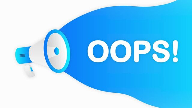 Megaphone OOPS countdown template with blue objects on white background. Motion graphic.