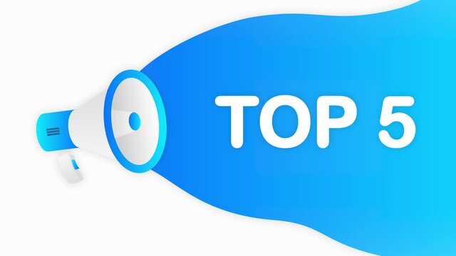 Megaphone TOP 5 countdown template with blue objects on white background. Motion graphic.