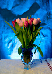 Bouquet of tulips in a glass vase on a blue background