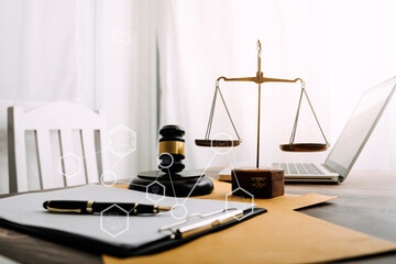 Business and lawyers discussing contract papers with brass scale on desk in office. Law, legal services, advice, justice and law concept picture with film grain effect