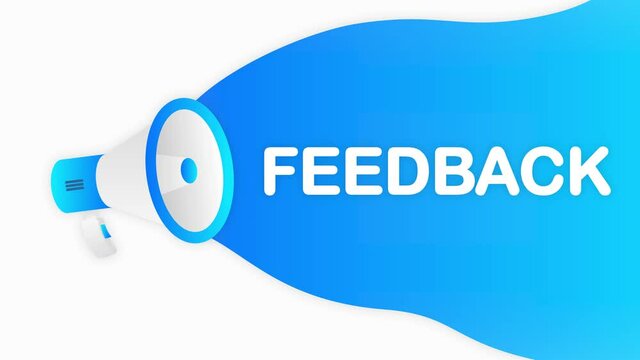 Megaphone FEEDBACK countdown template with blue objects on white background. Motion graphic.