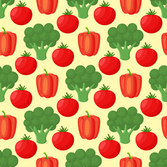 Pattern with hand drawn colorful vegetables. Sketch style set. Vegetables flat icons set: paprika, broccoli, tomato.