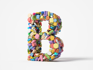 different pills stack in shape of letter B. suitable for medicine, healthcare and science themes. 3D illustration, isolated on white background