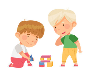 Cute Boys Sitting on the Floor in Nursery Playing Toy Blocks Vector Illustration