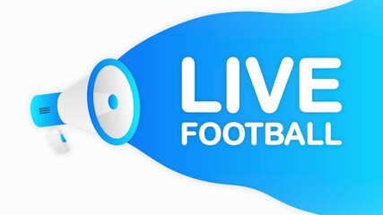 Megaphone LIVE FOOTBALL countdown template with blue objects on white background. Motion graphic.