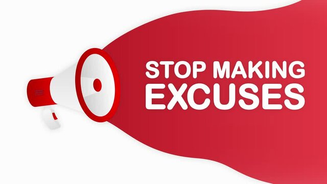 Megaphone STOP MAKING EXCUSES countdown template with red objects on white background. Motion graphic.