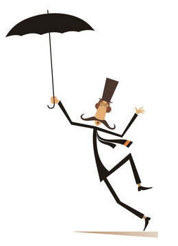 Mustache man in the top hat with umbrella isolated illustration. Mustache man in the top hat with umbrella staying on the wind isolated on white illustration 