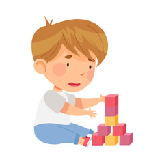 Excited Boy Sitting on the Floor in Nursery Playing Toy Blocks Vector Illustration