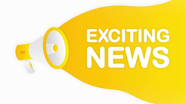 Megaphone EXCITING NEWS countdown template with yellow objects on white background. Motion graphic.