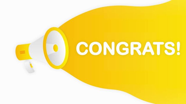 Megaphone CONGRATS countdown template with yellow objects on white background. Motion graphic.