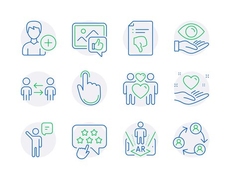 People icons set. Included icon as Like photo, Thumb down, Teamwork business signs. Health eye, Love couple, Hold heart symbols. Add person, Augmented reality, Ranking star. Agent. Vector