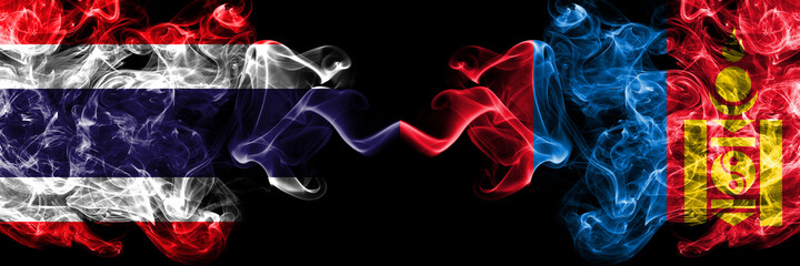 Thailand, Thai vs Mongolia, Mongolian smoky mystic flags placed side by side. Thick colored silky abstract smokes flags.