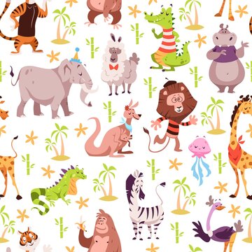 Childish animals seamless pattern. Cute summer wild fauna background, kids jungle wildlife cartoon safari zoo tropical nursery decoration. Decor textile wrapping paper wallpaper vector print