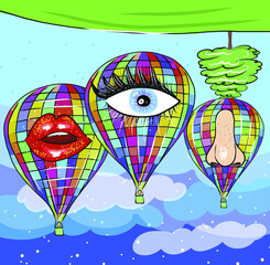 Balloons with eyes noses and mouths are flying