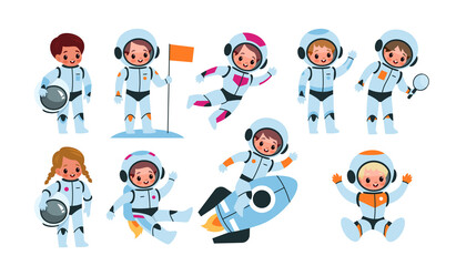 Kids astronauts. Happy little children in cosmic suits, space explorers with flags, helmets, and rocket. Girls and boys cosmonauts, cute child in zero gravity. Vector cartoon isolated set