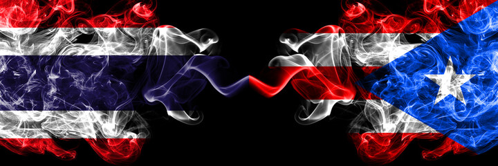 Thailand, Thai vs Puerto Rico smoky mystic flags placed side by side. Thick colored silky abstract smokes flags.