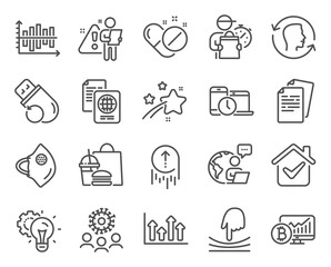Fototapeta premium Science icons set. Included icon as Diagram chart, Documents, Face id signs. Medical pills, Bitcoin chart, Time management symbols. Swipe up, Coronavirus, Medical mask. Elastic, Idea gear. Vector