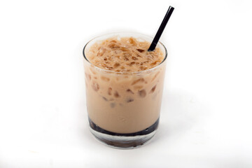 Iced coffee with black straw isolated on white background 